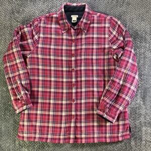 LL Bean Fleece Lined Flannel Shirt Blue White Button Up Plaid Womens Sz Small